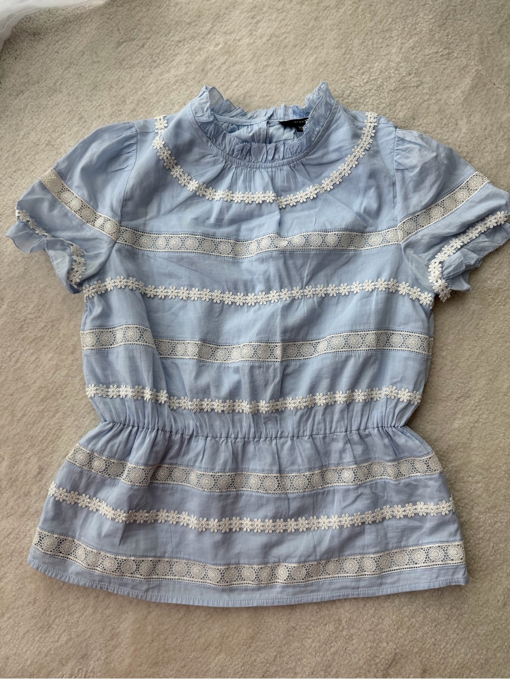 J. Crew Light Blue Lace Trim Ruffle Neck Peplum Top - Picture 6 of 6